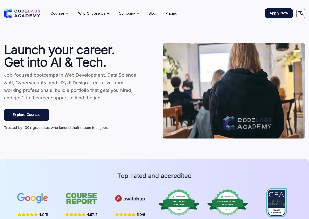 Code Labs Academy homepage: Web Development, Data Science & AI, Cybersecurity, and UX/UI bootcamps