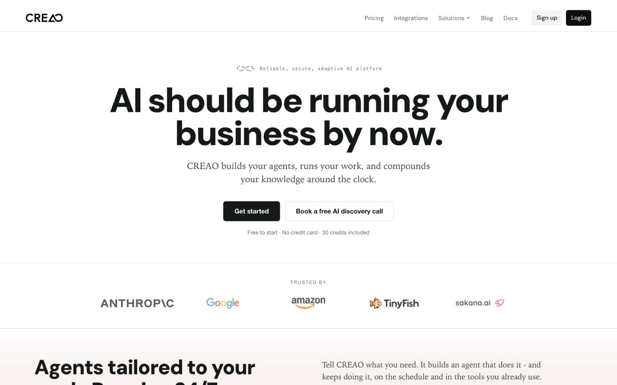 Creao AI homepage: “AI should be running your business by now”
