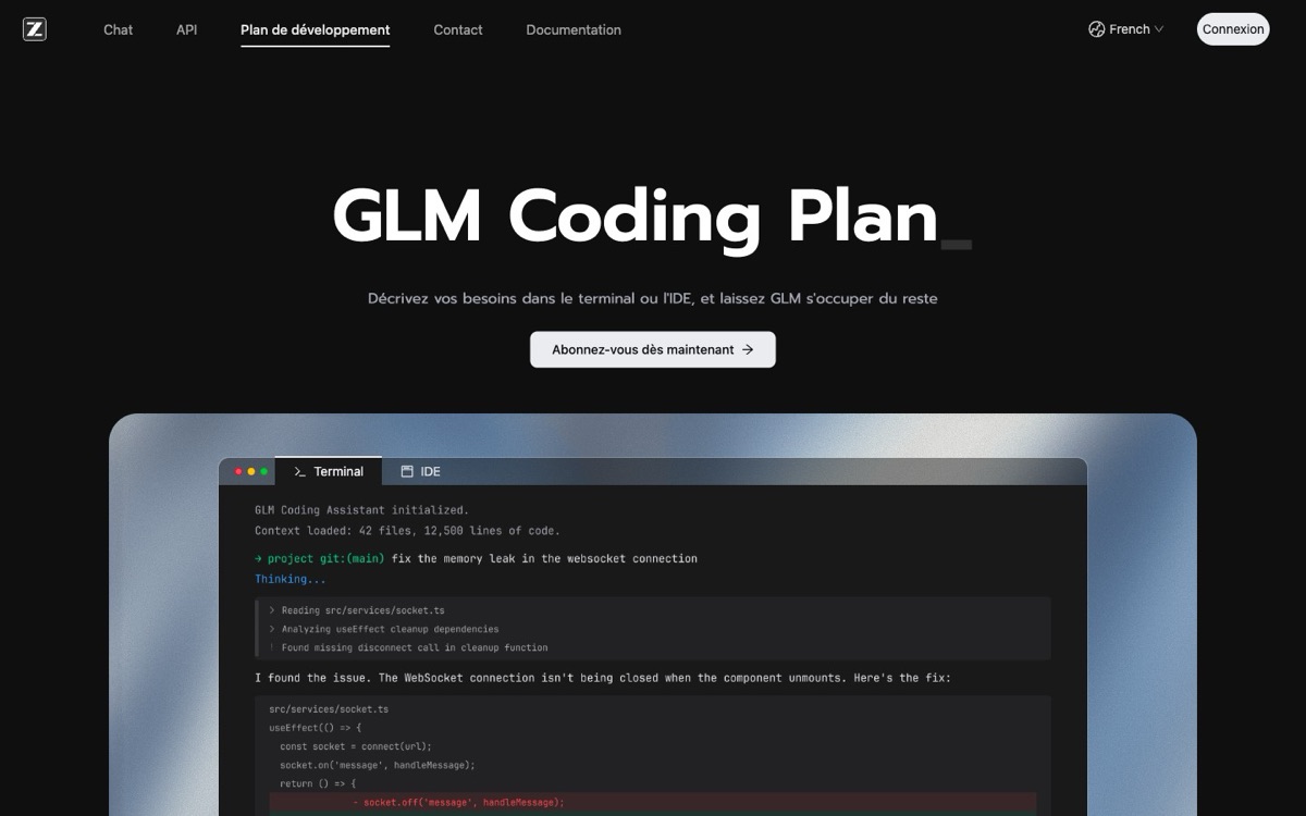 GLM Coding Plan homepage on z.ai: “Describe your needs in the terminal or IDE, and let GLM handle the rest”