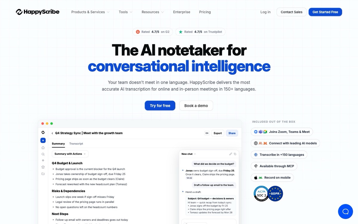 HappyScribe homepage: AI transcription of meetings in 150+ languages, rated 4.7/5 on G2 and Trustpilot