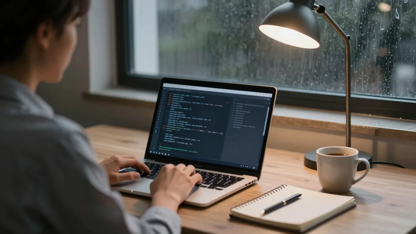 Consultant working at night on a laptop displaying a terminal, with a desk lamp and notebook