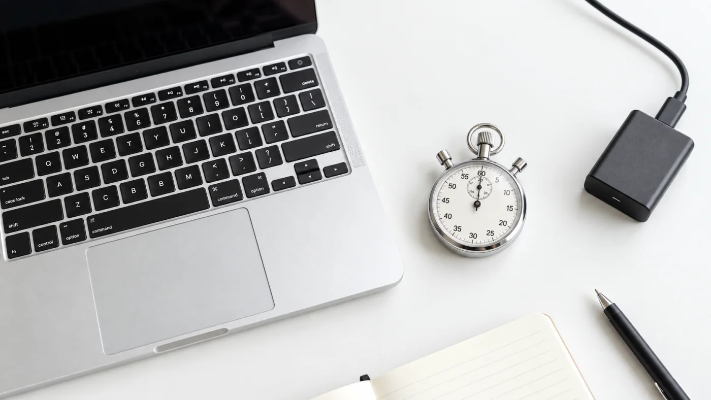 Laptop viewed from above on a white desk, mechanical stopwatch, charger plugged in, notebook and pen
