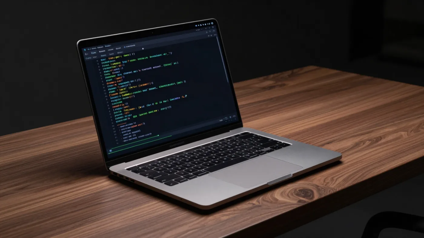A MacBook Pro open on a dark desk with a terminal showing text being generated